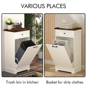 English Elm 13 Gallon Tilt Out Wood Trash Cabinet with Drawer Antique White Kitchen Storage Unit W808P477209