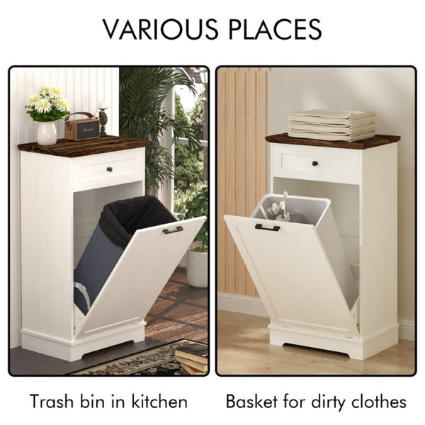 English Elm 13 Gallon Tilt Out Wood Trash Cabinet with Drawer Antique White Kitchen Storage Unit W808P477209