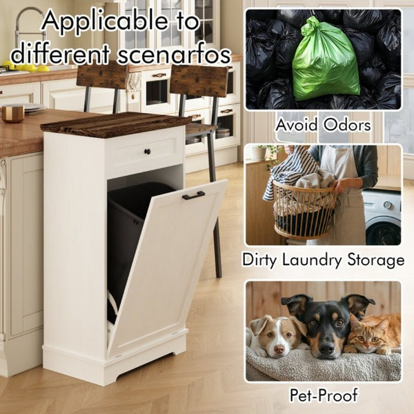 English Elm 13 Gallon Tilt Out Wood Trash Cabinet with Drawer Antique White Kitchen Storage Unit W808P477209
