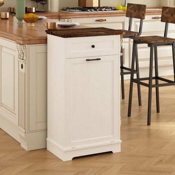 English Elm 13 Gallon Tilt Out Wood Trash Cabinet with Drawer Antique White Kitchen Storage Unit W808P477209