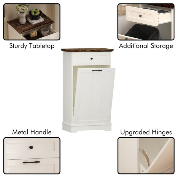 English Elm 13 Gallon Tilt Out Wood Trash Cabinet with Drawer Antique White Kitchen Storage Unit W808P477209