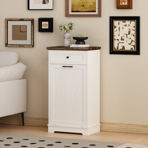 English Elm 13 Gallon Tilt Out Wood Trash Cabinet with Drawer Antique White Kitchen Storage Unit W808P477209