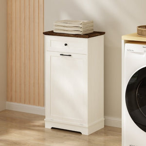 English Elm 13 Gallon Tilt Out Wood Trash Cabinet with Drawer Antique White Kitchen Storage Unit W808P477209