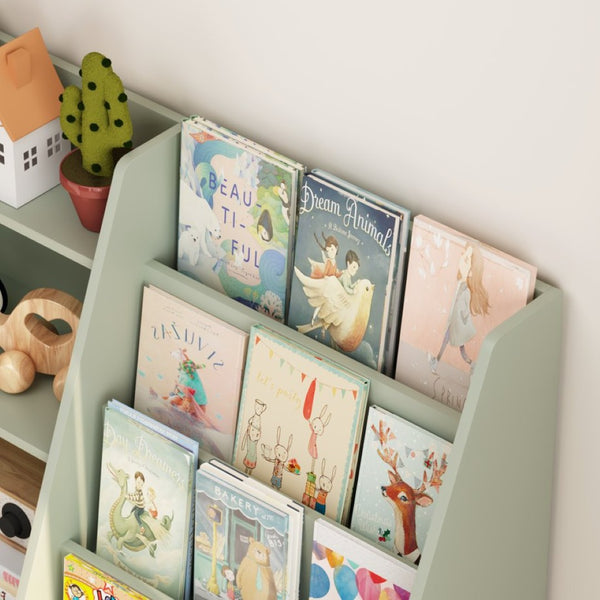 English Elm Kids Four Tier MDF Bookcase with Toy Storage Bins for Nursery and Playroom W808P478072