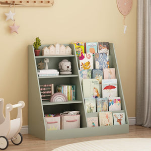 English Elm Kids Four Tier MDF Bookcase with Toy Storage Bins for Nursery and Playroom W808P478072