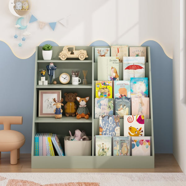 English Elm Kids Four Tier MDF Bookcase with Toy Storage Bins for Nursery and Playroom W808P478072