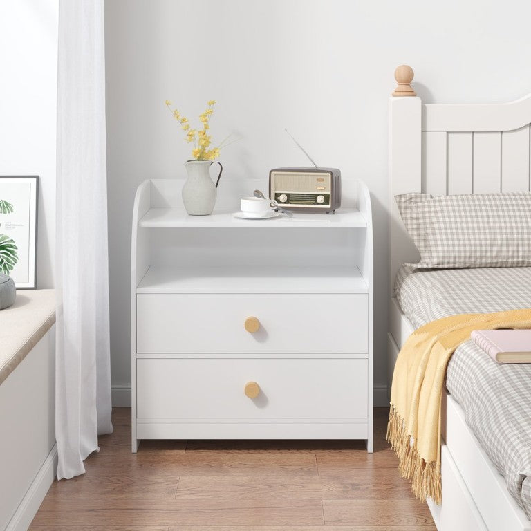 English Elm White MDF Nightstand Curved Panels Two Drawers Open Shelf Modern Bedside Table W808P478303