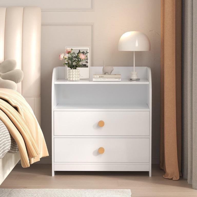 English Elm White MDF Nightstand Curved Panels Two Drawers Open Shelf Modern Bedside Table W808P478303
