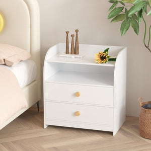 English Elm White MDF Nightstand Curved Panels Two Drawers Open Shelf Modern Bedside Table W808P478303