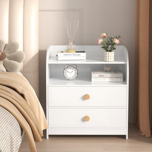 English Elm White MDF Nightstand Curved Panels Two Drawers Open Shelf Modern Bedside Table W808P478303