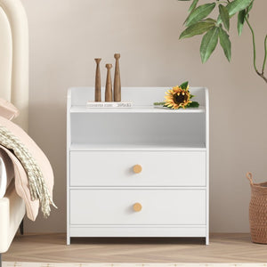English Elm White MDF Nightstand Curved Panels Two Drawers Open Shelf Modern Bedside Table W808P478303