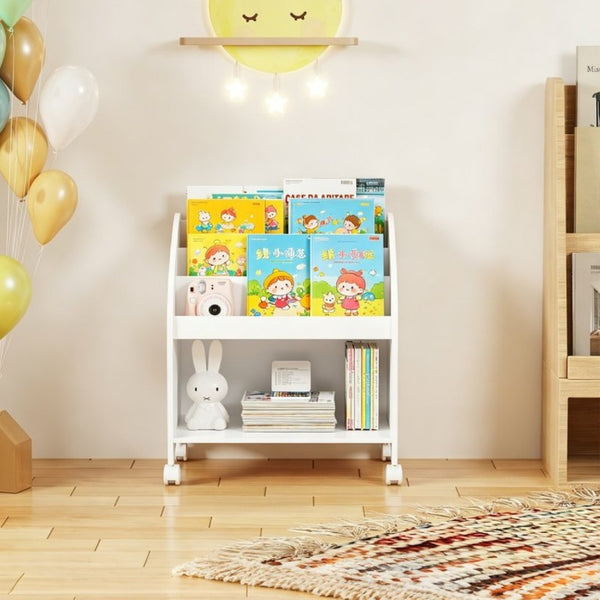 English Elm Kids Rolling Front Display Bookcase 3 Tier MDF Organizer for Playroom and Nursery W808P478304