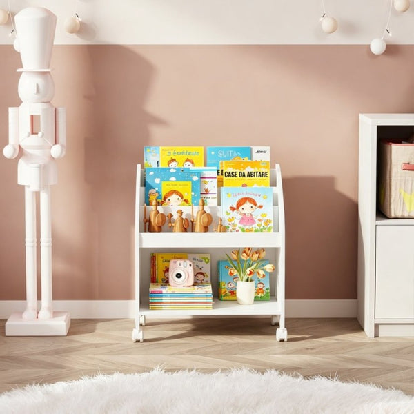 English Elm Kids Rolling Front Display Bookcase 3 Tier MDF Organizer for Playroom and Nursery W808P478304