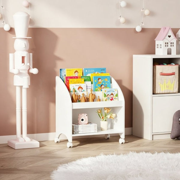English Elm Kids Rolling Front Display Bookcase 3 Tier MDF Organizer for Playroom and Nursery W808P478304
