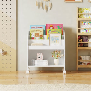 English Elm Kids Rolling Front Display Bookcase 3 Tier MDF Organizer for Playroom and Nursery W808P478304