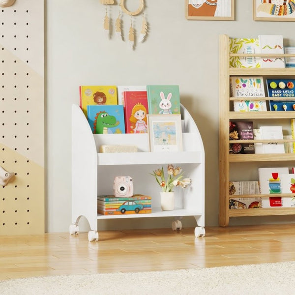 English Elm Kids Rolling Front Display Bookcase 3 Tier MDF Organizer for Playroom and Nursery W808P478304