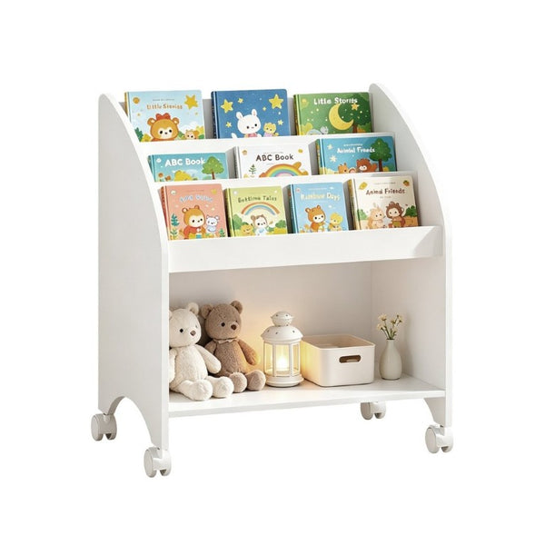 English Elm Kids Rolling Front Display Bookcase 3 Tier MDF Organizer for Playroom and Nursery W808P478304