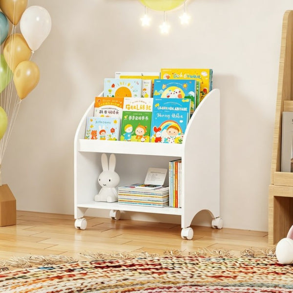 English Elm Kids Rolling Front Display Bookcase 3 Tier MDF Organizer for Playroom and Nursery W808P478304