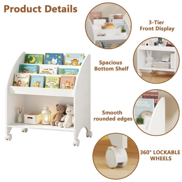 English Elm Kids Rolling Front Display Bookcase 3 Tier MDF Organizer for Playroom and Nursery W808P478304
