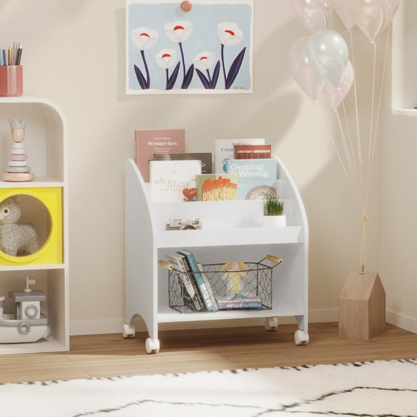 English Elm Kids Rolling Front Display Bookcase 3 Tier MDF Organizer for Playroom and Nursery W808P478304