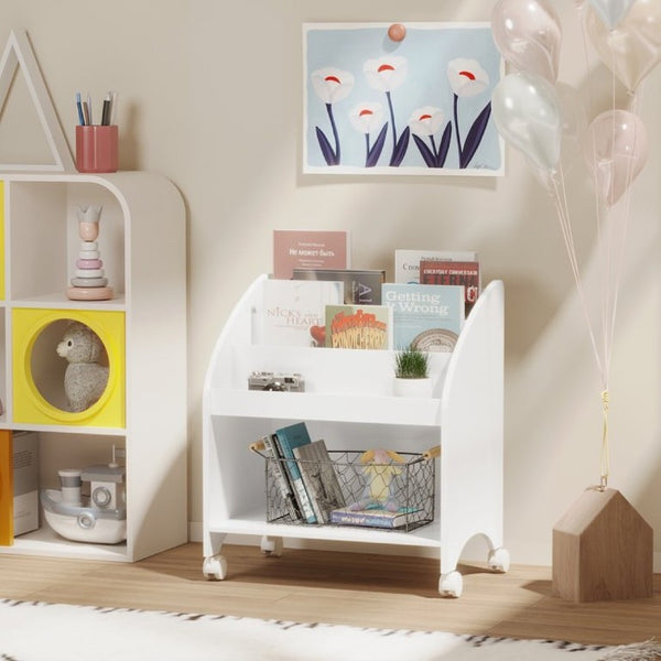 English Elm Kids Rolling Front Display Bookcase 3 Tier MDF Organizer for Playroom and Nursery W808P478304