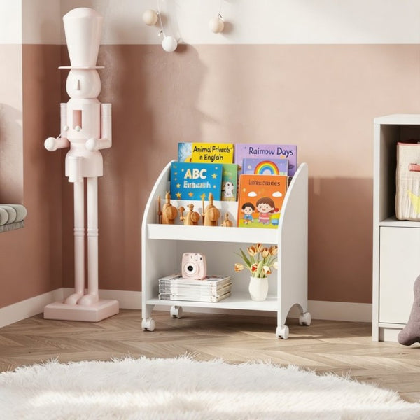 English Elm Kids Rolling Front Display Bookcase 3 Tier MDF Organizer for Playroom and Nursery W808P478304