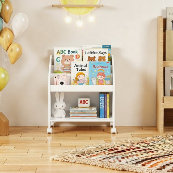 English Elm Kids Rolling Front Display Bookcase 3 Tier MDF Organizer for Playroom and Nursery W808P478304