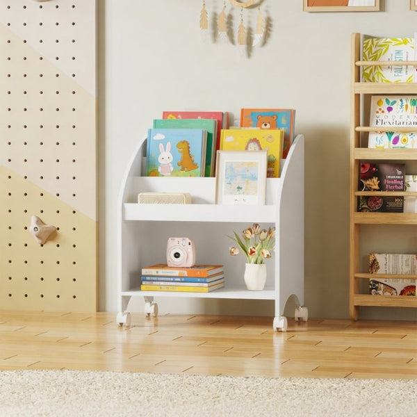 English Elm Kids Rolling Front Display Bookcase 3 Tier MDF Organizer for Playroom and Nursery W808P478304