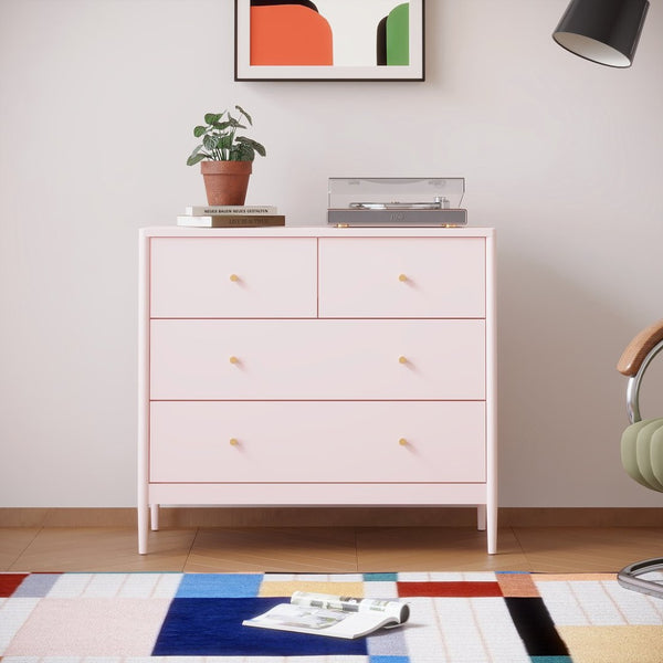 Pink Wooden 4-Drawer Kids Dresser With Brass Pulls For Nursery Or Todd