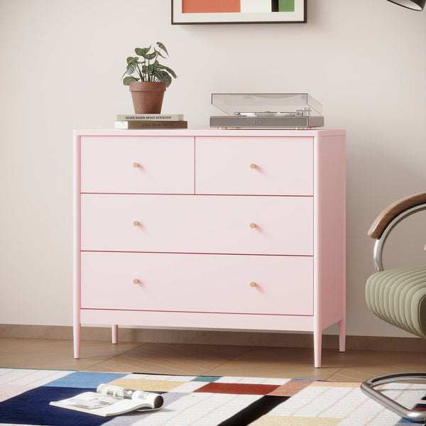 English Elm Pink Wooden 4-drawer Kids Dresser with Brass Pulls for Nursery or Toddler Room W808P481578