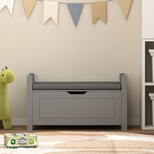 English Elm Kids Toy Chest with Cushioned Bench Seat Safety Hinge MDF Storage for Playroom Gray W808P486075