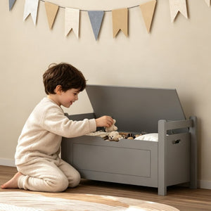English Elm Kids Toy Chest with Cushioned Bench Seat Safety Hinge MDF Storage for Playroom Gray W808P486075