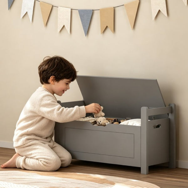 English Elm Kids Toy Chest with Cushioned Bench Seat Safety Hinge MDF Storage for Playroom Gray W808P486075