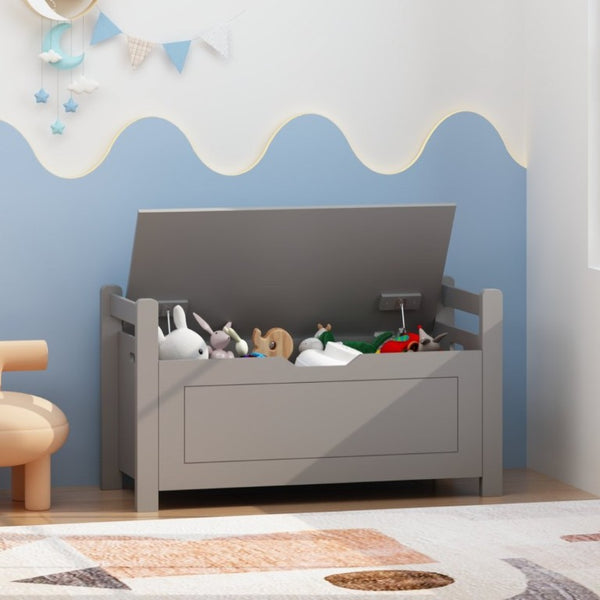 English Elm Kids Toy Chest with Cushioned Bench Seat Safety Hinge MDF Storage for Playroom Gray W808P486075