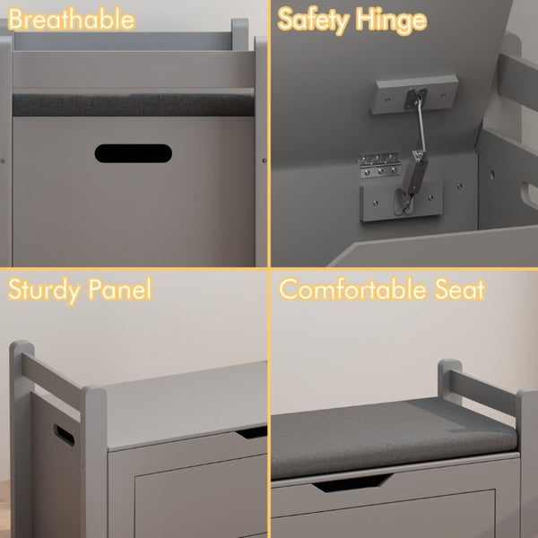 English Elm Kids Toy Chest with Cushioned Bench Seat Safety Hinge MDF Storage for Playroom Gray W808P486075