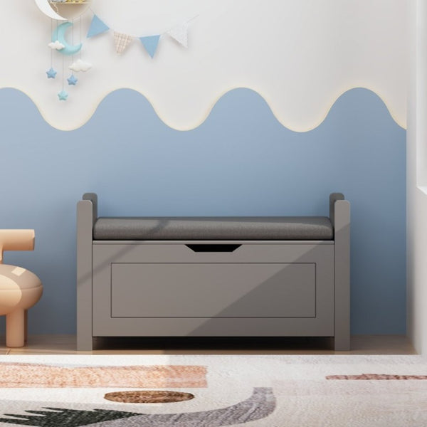English Elm Kids Toy Chest with Cushioned Bench Seat Safety Hinge MDF Storage for Playroom Gray W808P486075