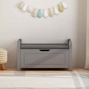 English Elm Kids Toy Chest with Cushioned Bench Seat Safety Hinge MDF Storage for Playroom Gray W808P486075