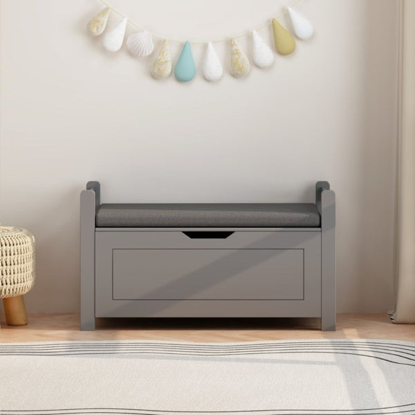 English Elm Kids Toy Chest with Cushioned Bench Seat Safety Hinge MDF Storage for Playroom Gray W808P486075