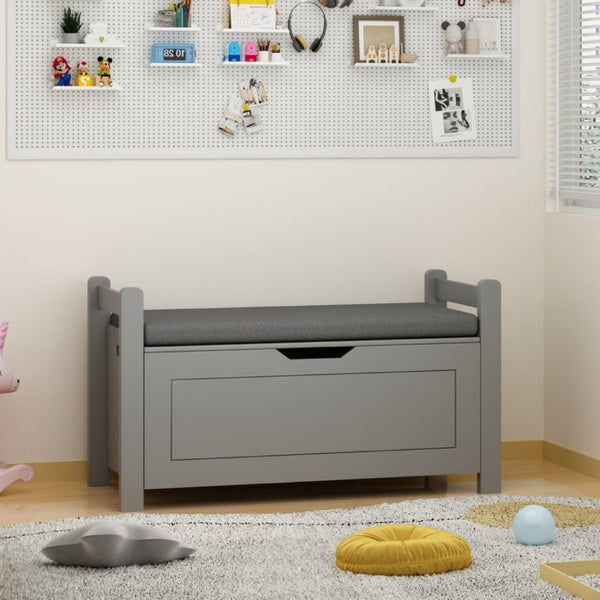 English Elm Kids Toy Chest with Cushioned Bench Seat Safety Hinge MDF Storage for Playroom Gray W808P486075