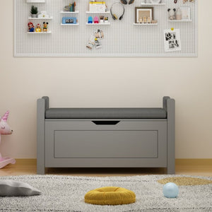 English Elm Kids Toy Chest with Cushioned Bench Seat Safety Hinge MDF Storage for Playroom Gray W808P486075