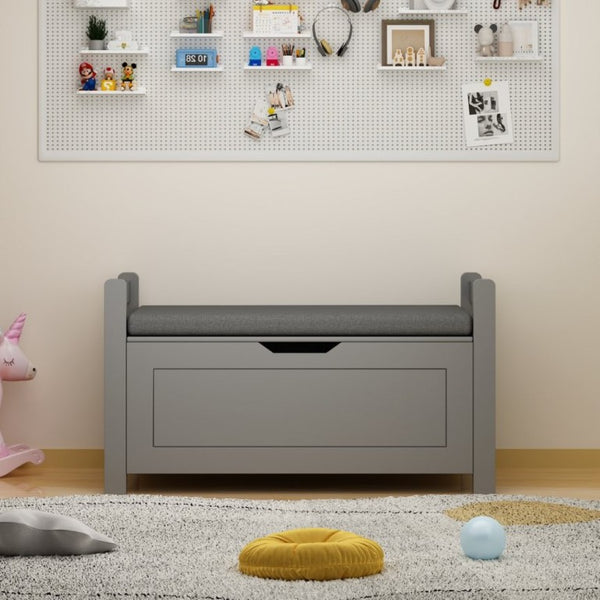 English Elm Kids Toy Chest with Cushioned Bench Seat Safety Hinge MDF Storage for Playroom Gray W808P486075