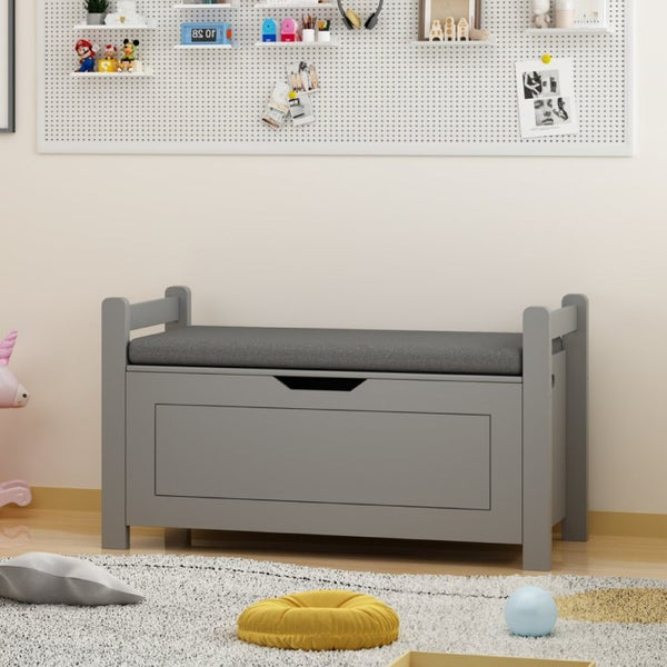 English Elm Kids Toy Chest with Cushioned Bench Seat Safety Hinge MDF Storage for Playroom Gray W808P486075