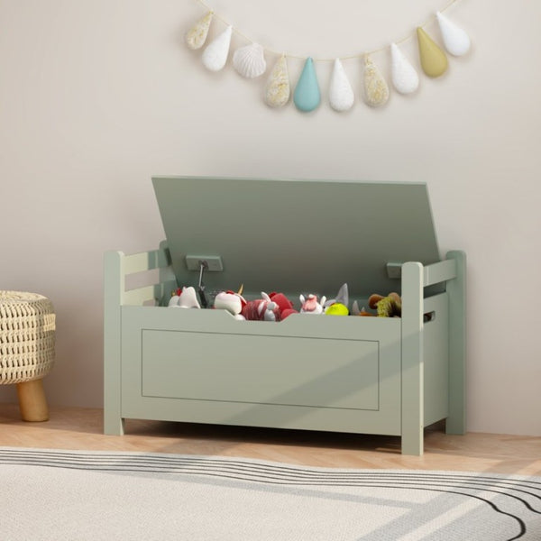 English Elm Kids Toy Chest with Cushioned Bench Seat Safety Hinge MDF Storage for Playroom Sage W808P486076
