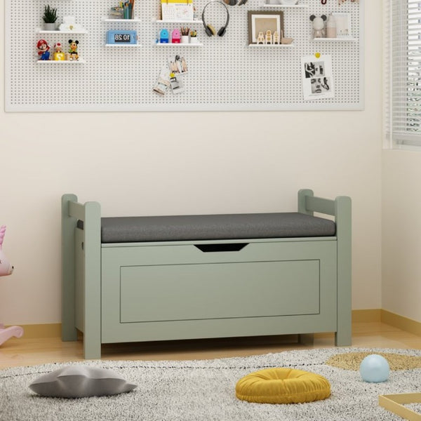 English Elm Kids Toy Chest with Cushioned Bench Seat Safety Hinge MDF Storage for Playroom Sage W808P486076