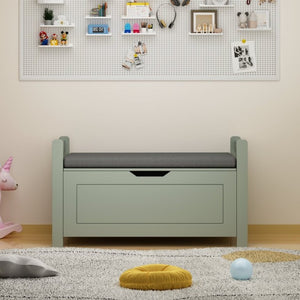 English Elm Kids Toy Chest with Cushioned Bench Seat Safety Hinge MDF Storage for Playroom Sage W808P486076