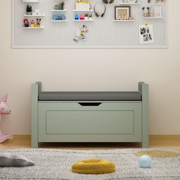 English Elm Kids Toy Chest with Cushioned Bench Seat Safety Hinge MDF Storage for Playroom Sage W808P486076