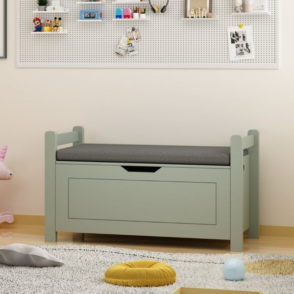 English Elm Kids Toy Chest with Cushioned Bench Seat Safety Hinge MDF Storage for Playroom Sage W808P486076