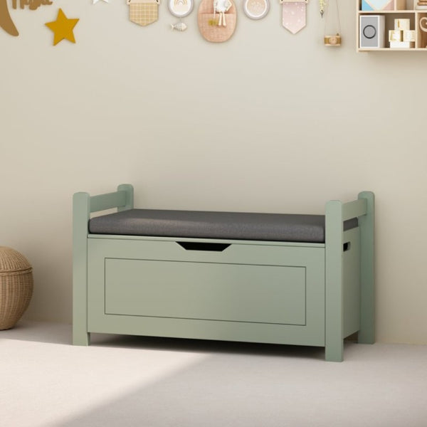 English Elm Kids Toy Chest with Cushioned Bench Seat Safety Hinge MDF Storage for Playroom Sage W808P486076