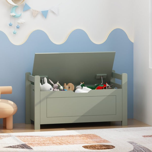 English Elm Kids Toy Chest with Cushioned Bench Seat Safety Hinge MDF Storage for Playroom Sage W808P486076