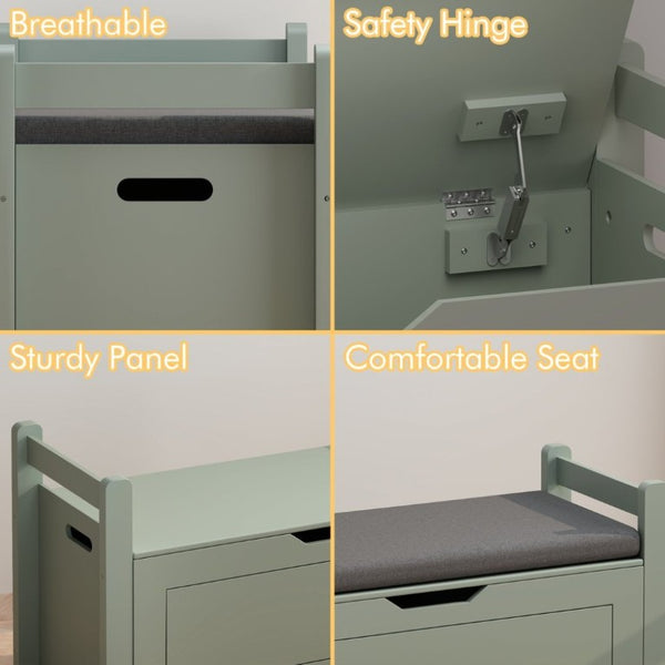 English Elm Kids Toy Chest with Cushioned Bench Seat Safety Hinge MDF Storage for Playroom Sage W808P486076